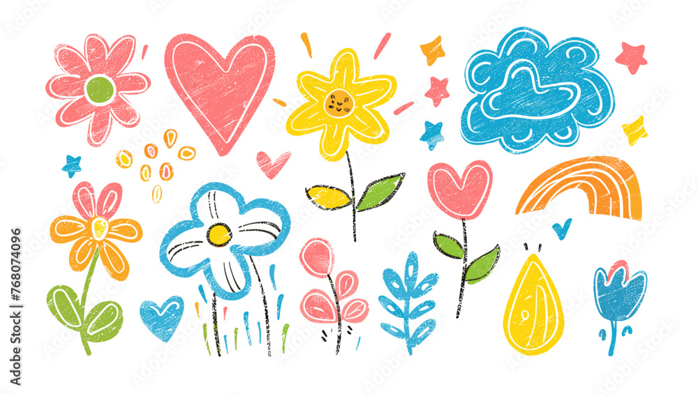 かわいい子供の落書き線の花、ハート。虹の背景。手描き落書きスケッチ幼稚な要素セット。花、ハート、雲の子供たちは、スタイルのデザイン要素の背景を描きます。ベクトル図