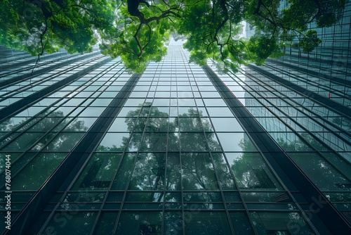 Sustainable glass office building in a modern city with green trees promoting ecofriendly practices and reducing carbon emissions. Concept Ecofriendly Architecture, Sustainable Office Building