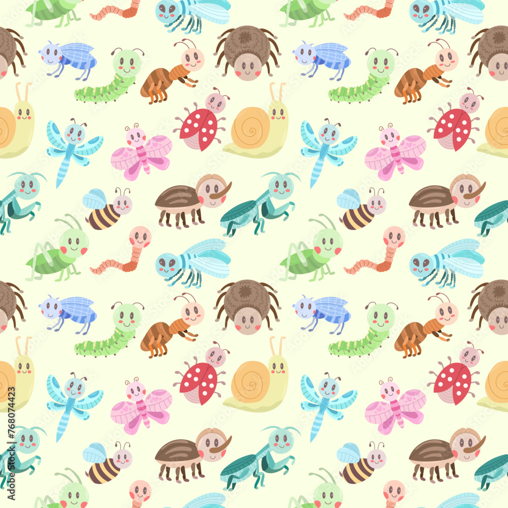 Seamless pattern with kawaii cute different insects on a light background. Vector illustration Seamless pattern with kawaii cute different insects on a light background. Vector illustration