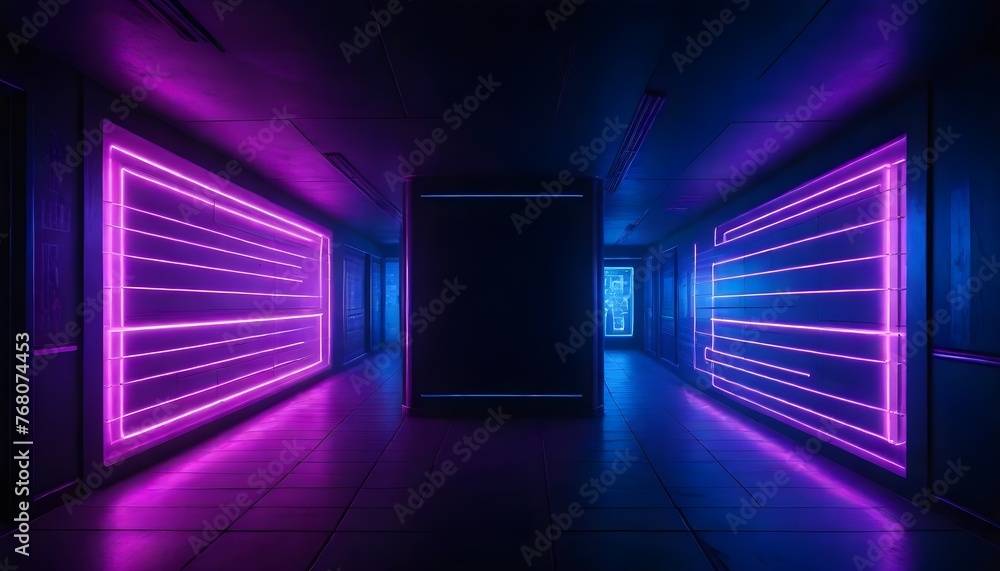 A corridor with purple and blue neon lights