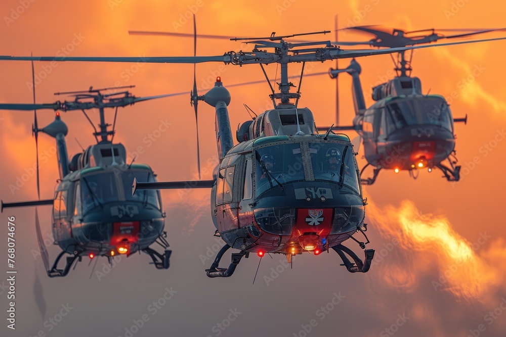 Remembering those who served: Helicopters in formation, a symbol of hope and resilience in the face of adversity. - obrazy, fototapety, plakaty 