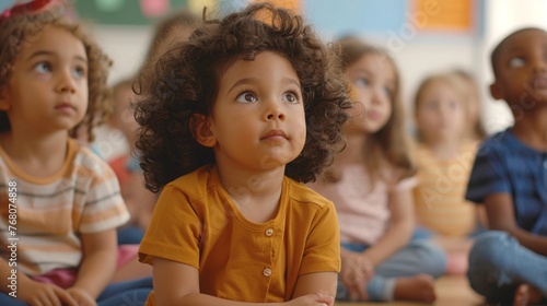 Group Of Pre School Children Taking Part at Story Time, Mixed race group of toddlers, sitting in classroom and looking in awe at their teacher.