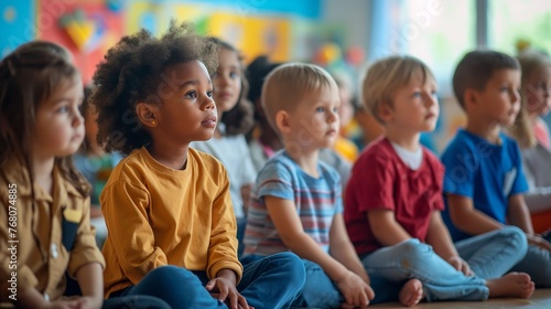 Group Of Pre School Children Taking Part at Story Time, Mixed race group of toddlers, sitting in classroom and looking in awe at their teacher. © Jasper W