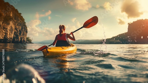 Back view shot of young woman tourist paddling on kayaking on beautiful lake in sunny day on natural mountains backgrounds, Active lifestyle, active water sports, spring summer outdoor activities. photo