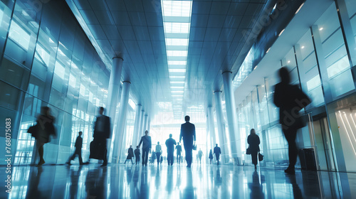 Business people walking in a big hall .