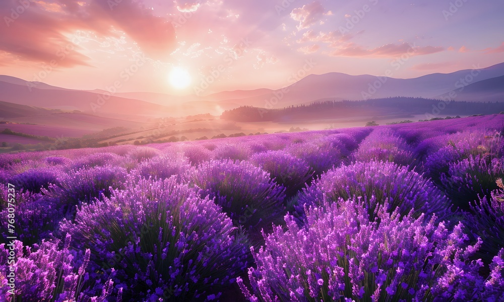 Fototapeta premium Picturesque Natural Landscape With Blooming Fields Of Lavender. Beautiful Sunny Day