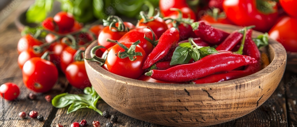 A wooden bowl brimming with red peppers sits beside a mound of both green and red peppers atop a wooden table A wooden bowl brimming with red peppers sits beside a mound of both green and red peppers atop a wooden table