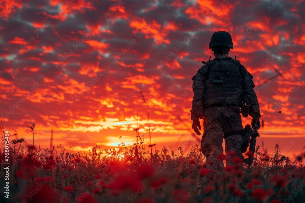 A solemn tribute: The soldier silhouette against a sunset serves as a powerful symbol of respect and remembrance for those who gave all.