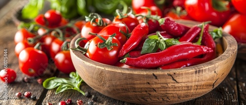  A wooden bowl brimming with red peppers sits beside a mound of both green and red peppers atop a wooden table