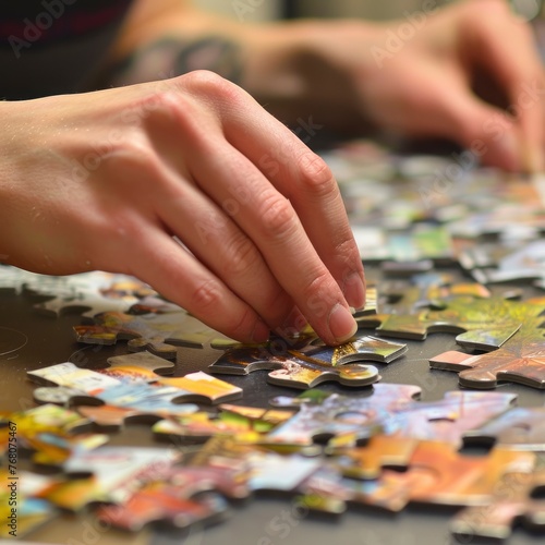 A person is working on a jigsaw puzzle with a hand on it. The puzzle is a picture of a forest with a tree in the middle