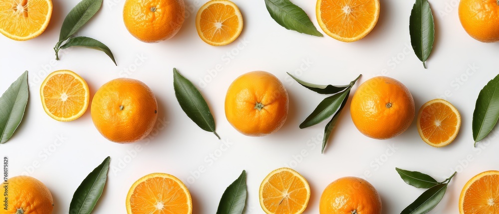 A cluster of oranges resting atop a white table near green foliage A cluster of oranges resting atop a white table near green foliage