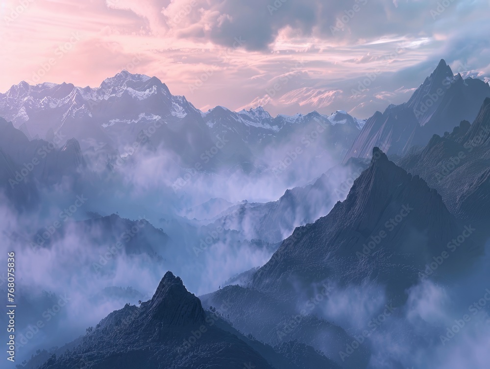 The mountains are covered in clouds and the sky is a mix of blue and pink. The scene is serene and peaceful, with the mountains towering over the landscape