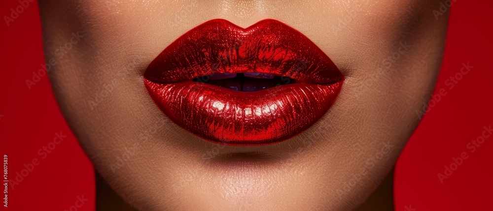A detailed image of a woman's face featuring vivid red lips and a matching red backdrop A detailed image of a woman's face featuring vivid red lips and a matching red backdrop
