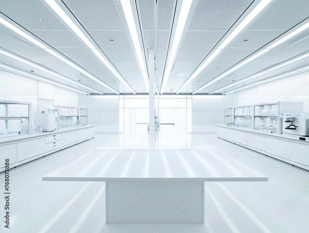 Obraz premium A large white room with a long table in the middle. The room is empty and has a sterile, clinical feel