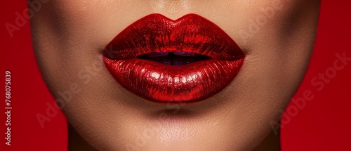   A detailed image of a woman s face featuring vivid red lips and a matching red backdrop