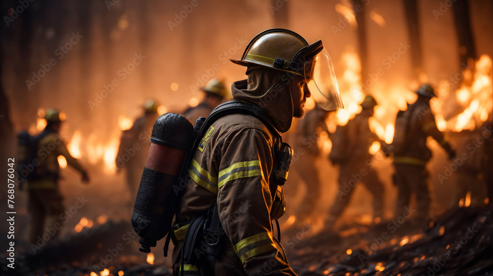 Amidst forest of raging blaze, firefighters with protective gear. Generative AI - obrazy, fototapety, plakaty 