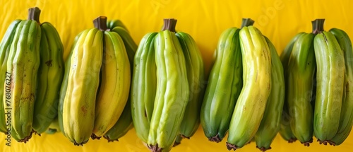   A row of ripe green bananas sits atop a yellow table beside a pile of underripe bananas photo