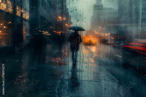 Abstract blurred silhouette of a man in rain on night street in impessionist style. Concept of lonely modern city for a poster, for music album or book cover