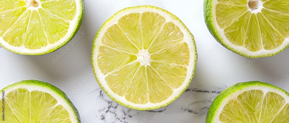 A group of halved limes on a marble countertop A group of halved limes on a marble countertop