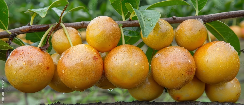   A close-up of a branch on a tree laden with various fruits, adorned with droplets of water