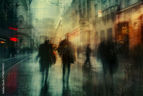 Abstract blurred silhouettes of people in rain on night street in impessionist style. Concept of modern city for a poster, for music album or book covers photo