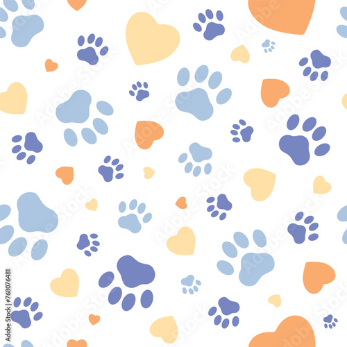 Blue paw pattern with hearts on a white background