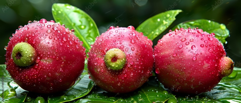 Three red apples sit atop a green leaf-covered ground, dotted with water droplets Three red apples sit atop a green leaf-covered ground, dotted with water droplets