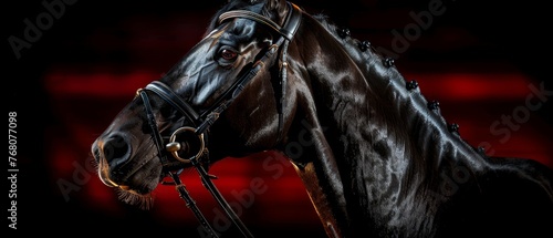   A clear depiction of a horse's head and bridle on an inky black backdrop, framed by a crimson illumination