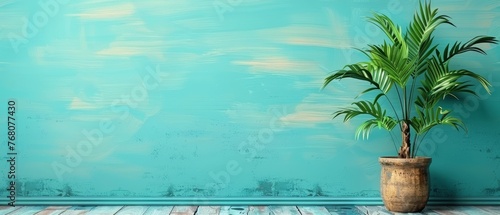   A potted plant sits on a wooden floor  facing a blue wall