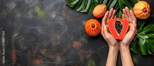   A person with a fruit in front of oranges and leaves on a black backdrop © Jevjenijs