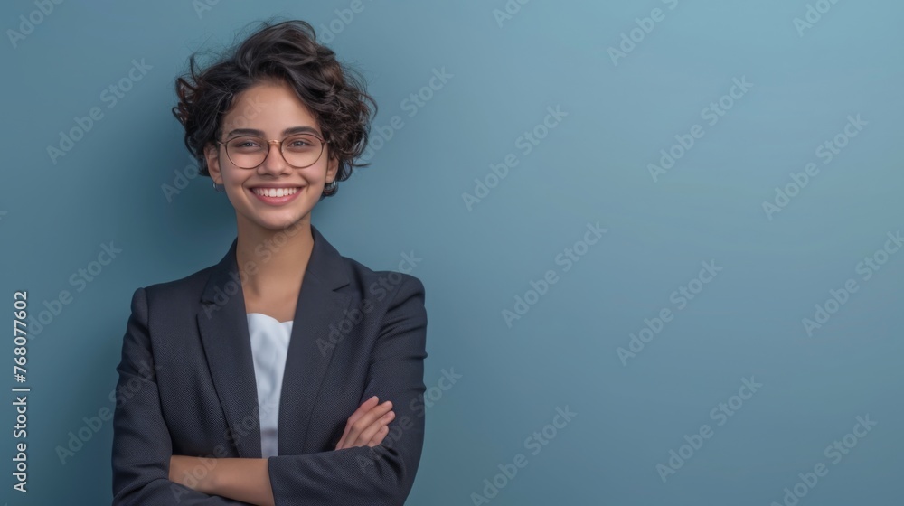a person with a beaming smile, wearing glasses and a suit, standing with arms crossed against a soft blue background, looking confident and approachable a person with a beaming smile, wearing glasses and a suit, standing with arms crossed against a soft blue background, looking confident and approachable