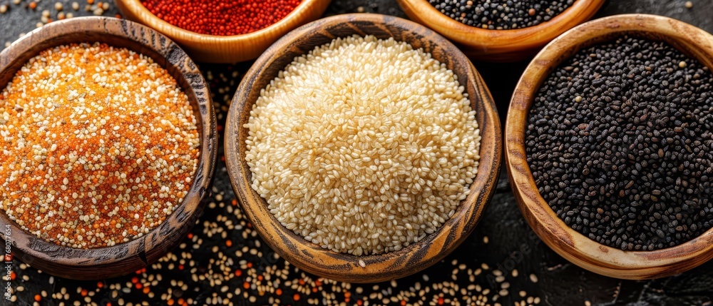 In wooden bowls on a black surface, a variety of grains are arranged with red, white, and yellow seed sprinkles In wooden bowls on a black surface, a variety of grains are arranged with red, white, and yellow seed sprinkles