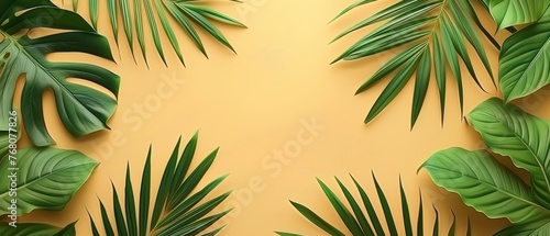   Tropical leaves on a yellow background with text space - stock photo - image gratification