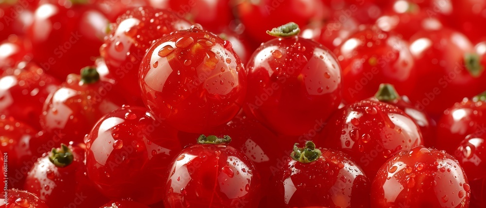 Close-up of red tomatoes with water droplets on top and bottom Close-up of red tomatoes with water droplets on top and bottom