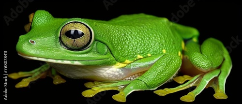  A green frog with a yellow stripe around its eye and a yellow spot underneath