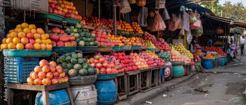   A fruit stand brimming with various fruits, enthralling passersby as they peruse the bountiful displays