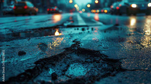 Street after rain. Potholes on damaged asphalt with puddles. © brillianata