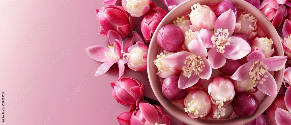   A bowl brimming with numerous pink blooms atop a pink table, adjacent to a mound of white and pink tulips
