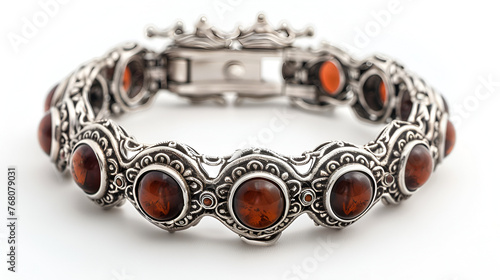 Silver bracelet with carnelian stones on white, generative ai