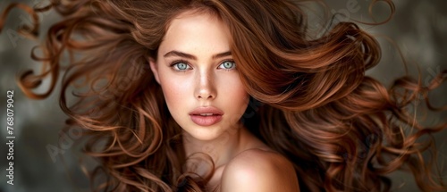  Close-up photo of woman with long brown tresses, blue eyes, & frizzy hair billowing