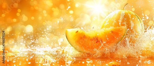   A close-up of a fruit on a table with water splashing and a sun in the background