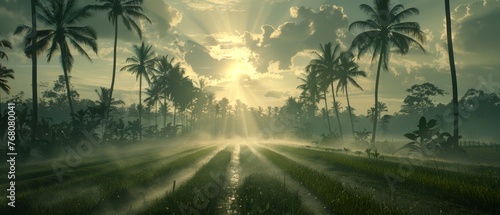   Sun shining through clouds over palm tree-lined road in tropical setting