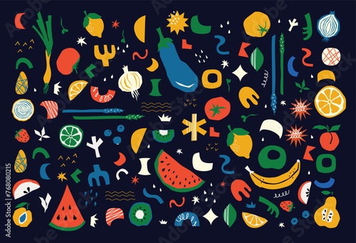 Healthy organic vegan food. Cooking dietary dishes. Vegetarian cafe. Set of icons in flat geometric style. Abstract signs, Vegetables, fruits, salads vector illustration.