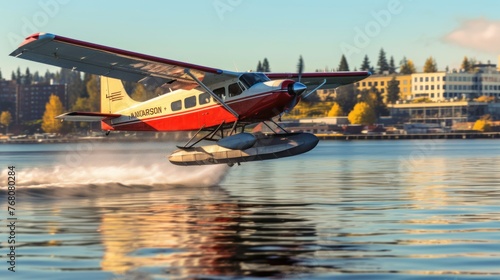 a shot of a Kenmore Air operated seaplane taking off from Lake Union taken photo