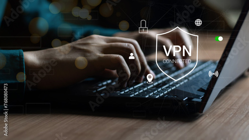 VPN Virtual Private network protocol concept, Man hand typing on keyboard computer with vpn icon on VR screen. VPN concept.