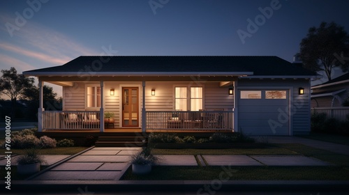 A photo of a Minimal Bungalow Exterior at Dusk