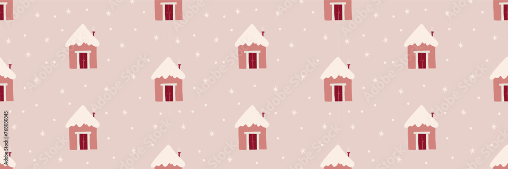 Naklejka premium Cute winter Christmas Scandinavian house vector seamless pattern. Whimsy holly Xmas abstract modern hygge festive background. Seasonal winter holidays geometric graphic design