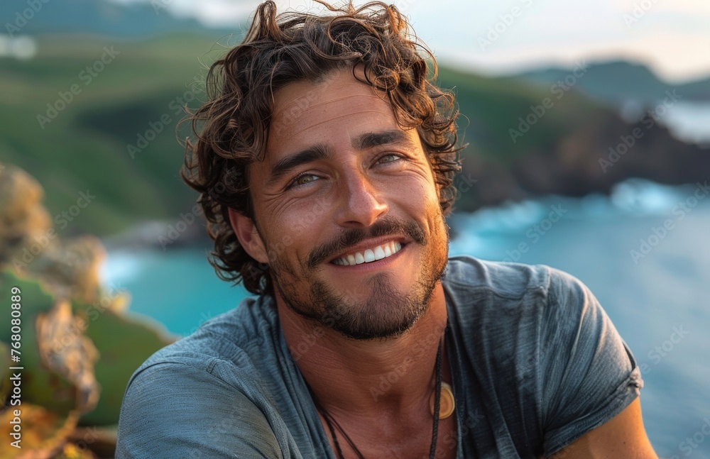 attractive man with curly hair and stubble, wearing casual clothes in an outdoor setting attractive man with curly hair and stubble, wearing casual clothes in an outdoor setting