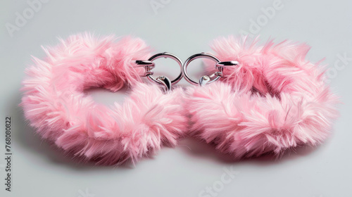 Pink sexy fluffy handcuffs. Accessory for love games