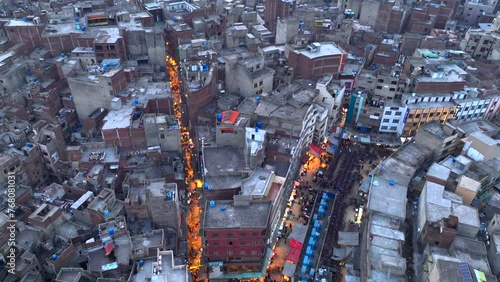 Walled City of Lahore. Evening Market near Delhi Gate, Aerial Drone Shot. Lahore, Punjab, Pakistan photo